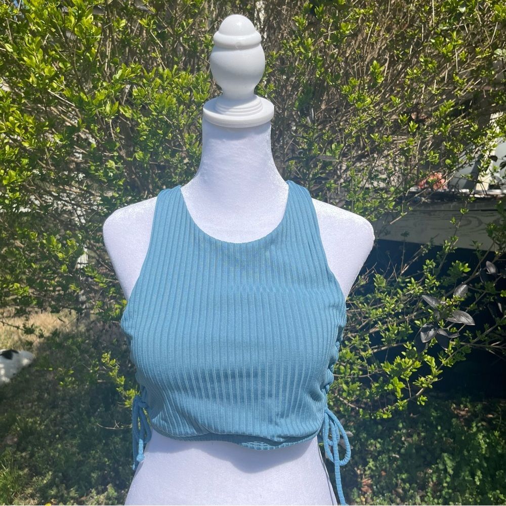 Blue Ribbed Side Tie Crop Top or Swim Top Size S/M NO TAGS Removable Padding